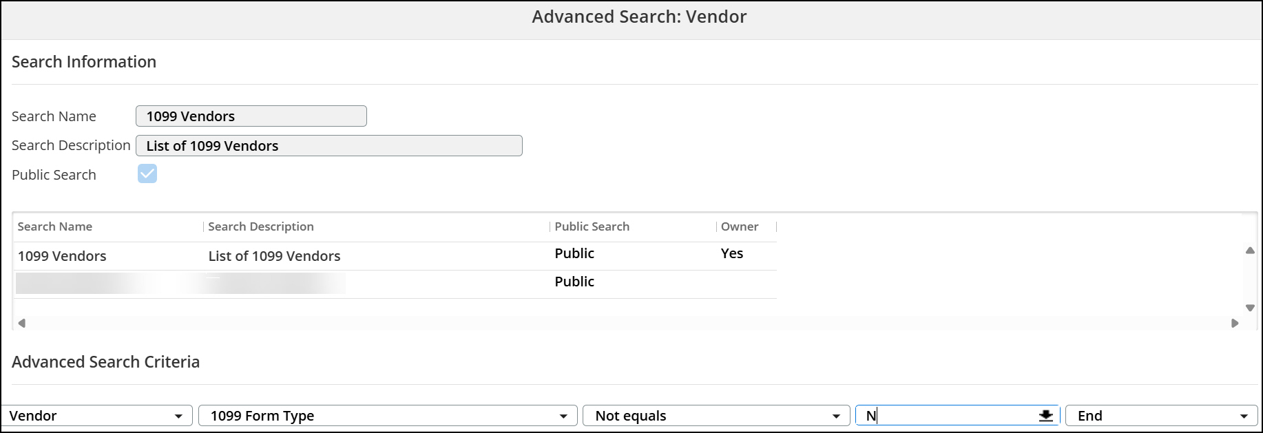 Advanced Search Vendor page